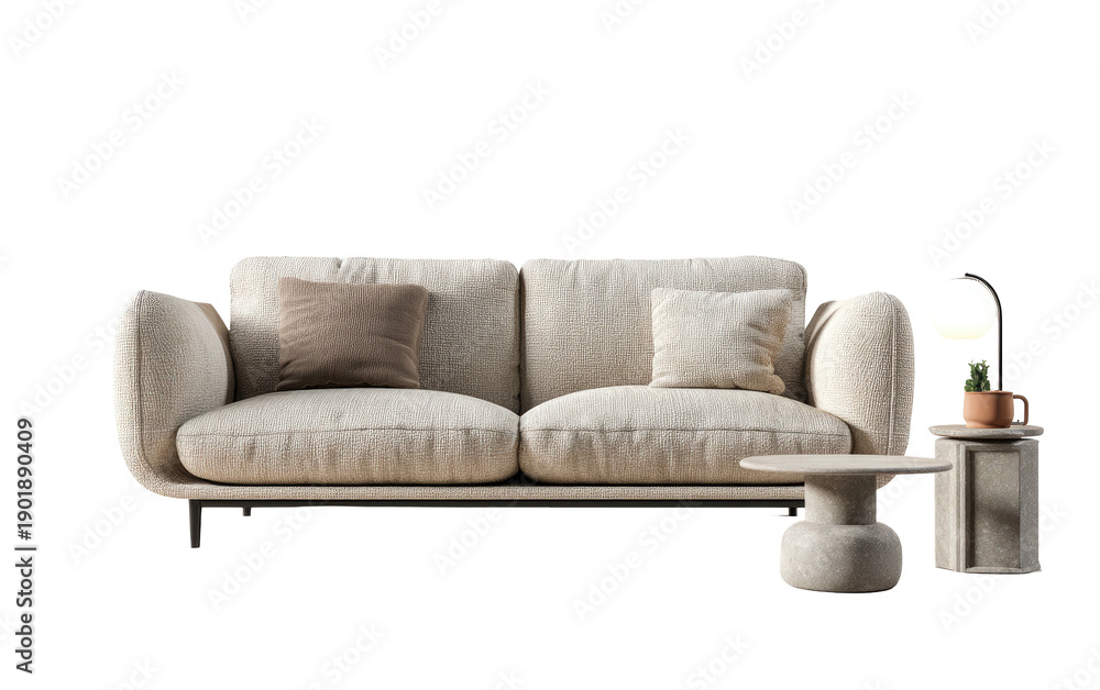 Fototapeta premium Modern living space with a neutral sofa, side table, lamp, and cactus