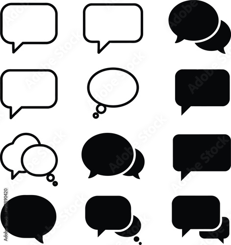 Speech bubble icon set. Speech bubble collection line and glyph styles. Dialogue balloons, text boxes, quote frames, conversation tags, thoughts labels. Vector illustration.