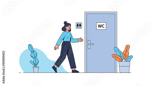Woman confidently walking towards a public restroom door labeled "WC," indicating accessibility and a common daily necessity.