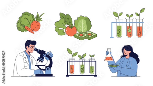 Diverse set of icons illustrating genetic engineering, sustainable agriculture, and food science, featuring scientists, fresh produce, and lab tools.