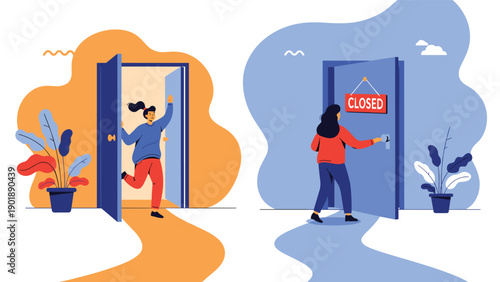 Illustration contrasting open and closed doors, depicting a joyful entry and a sad, blocked path, symbolizing choices, opportunity, and restriction.
