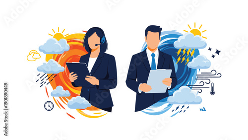 Man and woman weather forecasters presenting various climate conditions with sun, rain, and wind icons, symbolizing meteorology and precise predictions.