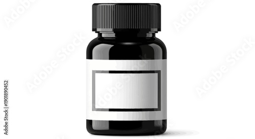 A black opaque bottle with a white label and a black cap, isolated on a white background.