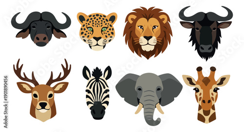 Cartoon wild animal faces set featuring lion, elephant, giraffe, zebra, and other wildlife for safari and nature projects