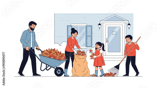 Family of four, including children, raking and collecting autumn leaves in front of their house, depicting seasonal chores and family bonding.