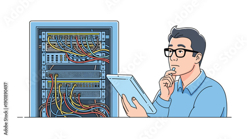 Focused IT specialist or network administrator examining a server rack filled with cables while holding a tablet, illustrating data management and network maintenance.