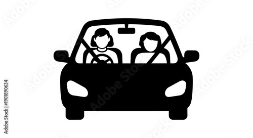 A black and white illustration of two people in a car, one driving and the other in the passenger seat.