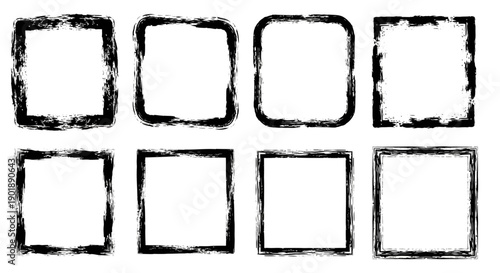 A collection of eight square frames with distressed and rough edges, presented on a white background.