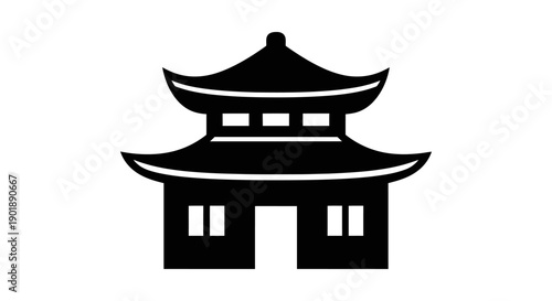 A black and white illustration of a traditional East Asian pagoda building with multiple tiers and a curved roof.