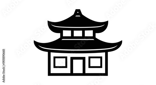 A black and white illustration of a traditional East Asian pagoda building with a tiered roof.