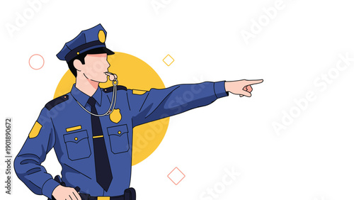 Confident police officer in uniform blows a whistle and points forward, directing attention or traffic with authority and clarity.
