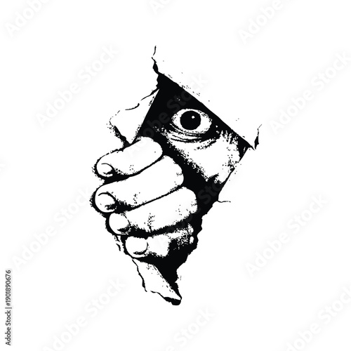 Black and white horror illustration of a human peering through a torn surface gripping vintage style vector art