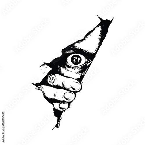 Black and white horror illustration of a human peering through a torn surface gripping vintage style vector art