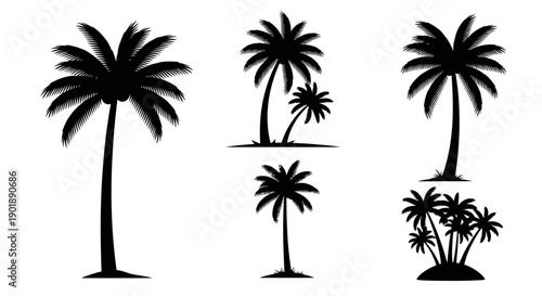 A collection of five black silhouette illustrations of palm trees, showcasing various sizes and arrangements against a white background.