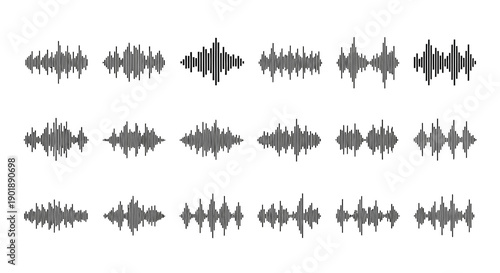 A collection of diverse abstract sound wave patterns in grayscale, presented in a grid layout.