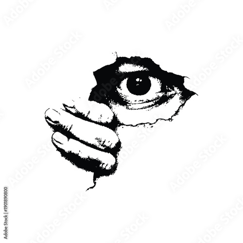 Black and white horror illustration of a human peering through a torn surface gripping vintage style vector art