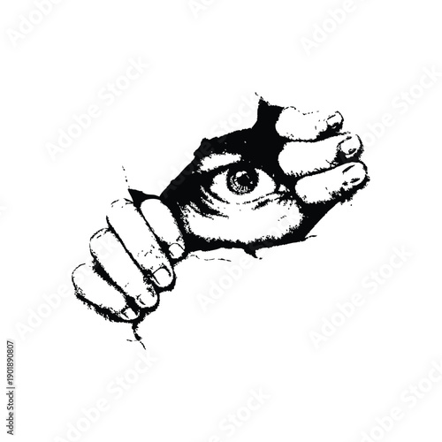 Black and white horror illustration of a human peering through a torn surface gripping vintage style vector art
