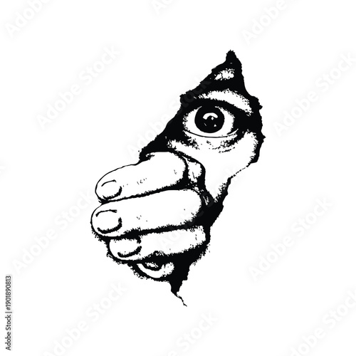 Black and white horror illustration of a human peering through a torn surface gripping vintage style vector art