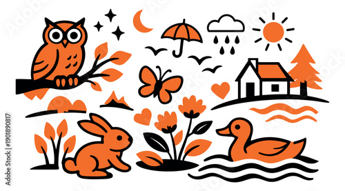 Line art nature and animal set featuring an owl, rabbit, duck, butterfly, house, and weather symbols for autumn designs