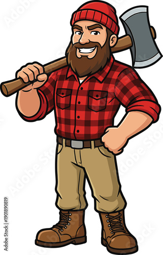 Bearded lumberjack cartoon character holding axe, strong woodcutter illustration for forestry work, rugged masculinity, outdoor labor, vintage style, branding, stock use, marketing, design