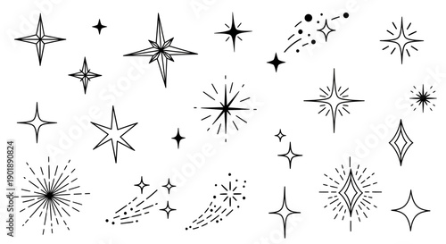 A collection of hand-drawn starbursts, sparkles, and shooting star illustrations in a minimalist black and white line art style.