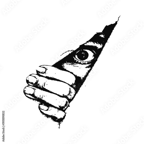 Black and white horror illustration of a human peering through a torn surface gripping vintage style vector art