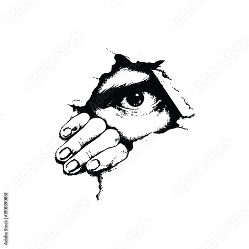 Black and white horror illustration of a human peering through a torn surface gripping vintage style vector art