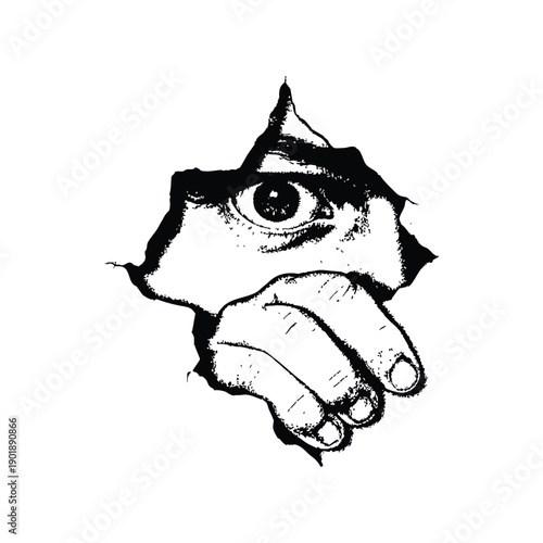 Black and white horror illustration of a human peering through a torn surface gripping vintage style vector art