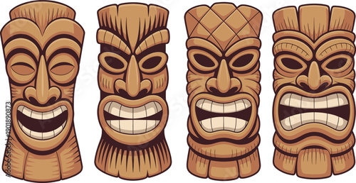 Carved wooden tiki mask collection with tribal faces and expressive smiles for Polynesian decor, tattoo art, cultural illustration isolated on white background vector
