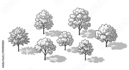 A collection of seven detailed, hand-drawn isometric trees with distinct foliage and casting shadows on a white background.