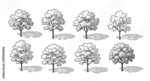 A collection of eight detailed isometric pixel art illustrations of deciduous trees with distinct foliage and shadow casting.