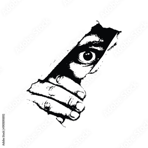 Black and white horror illustration of a human peering through a torn surface gripping vintage style vector art