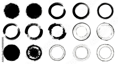A collection of 15 diverse circular brush stroke designs, featuring solid black fills and textured outlines.