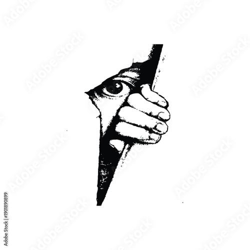 Black and white horror illustration of a human peering through a torn surface gripping vintage style vector art