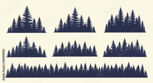 A collection of stylized silhouette illustrations of coniferous evergreen trees, forming forest landscapes.