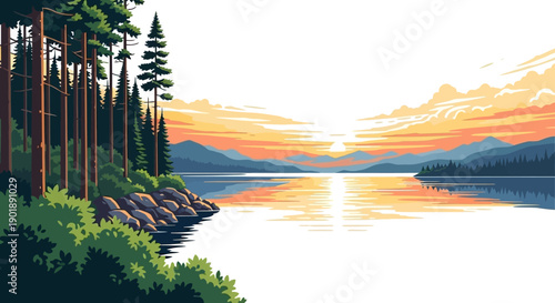 Pixel art depiction of a serene lake at sunset, with a dense forest on the left and mountains in the distance.