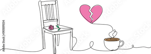 One Line Art of Broken Heart with Empty Chair Rose and Coffee for Sadness and Loneliness Concept