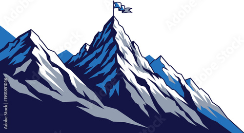 A majestic snow-capped mountain peak with a flag waving triumphantly at its summit.