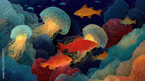 Underwater sea life in 3D paper cut style. Colorful coral reef, swimming fish and glowing jellyfish. Ocean nature paper craft art illustration