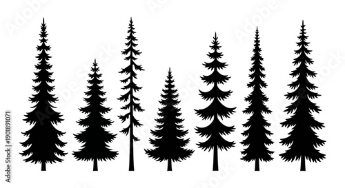 A collection of silhouette illustrations of various coniferous trees, showcasing different shapes and sizes.