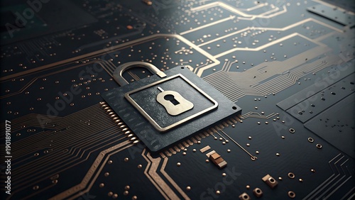 A close up view of a lock symbol embedded on a circuit board