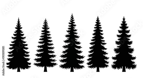 A row of five identical black silhouettes of coniferous trees against a white background.