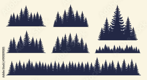Obraz na plátně Collection of stylized dark blue pine tree silhouettes against a light cream background, representing forest landscapes