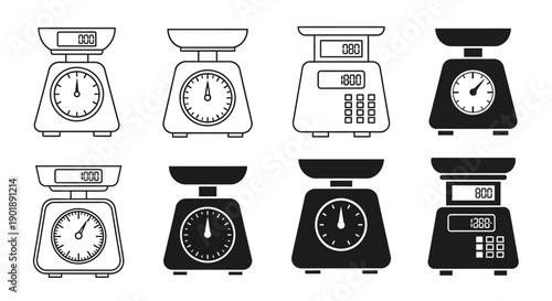 A collection of eight different kitchen scales, some with analog dials and others with digital displays, presented in a clean, graphic illustration.