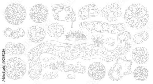 Collection of top-down architectural drawings of various plants, trees, rocks, and water features for landscape design.