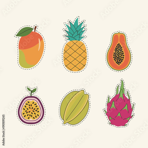 Set of tropical fruit stickers with dashed cut lines including mango pineapple papaya passion fruit starfruit and dragon fruit for food design