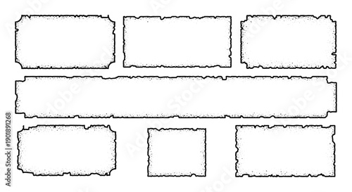 A collection of seven blank, torn-edge rectangular frames arranged in a visually appealing layout on a white background.