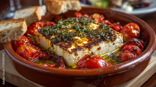 Close-up of Bouyiourdi (melted feta and juices) served sizzling with bread