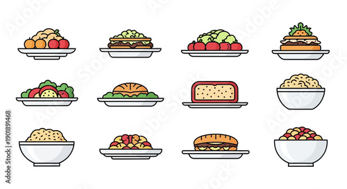 Variety of delicious meals and snacks on plates and bowls