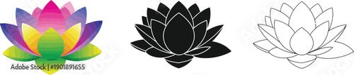 Colorful lotus flower emblem shown in full color, solid black silhouette, and detailed line art versions.